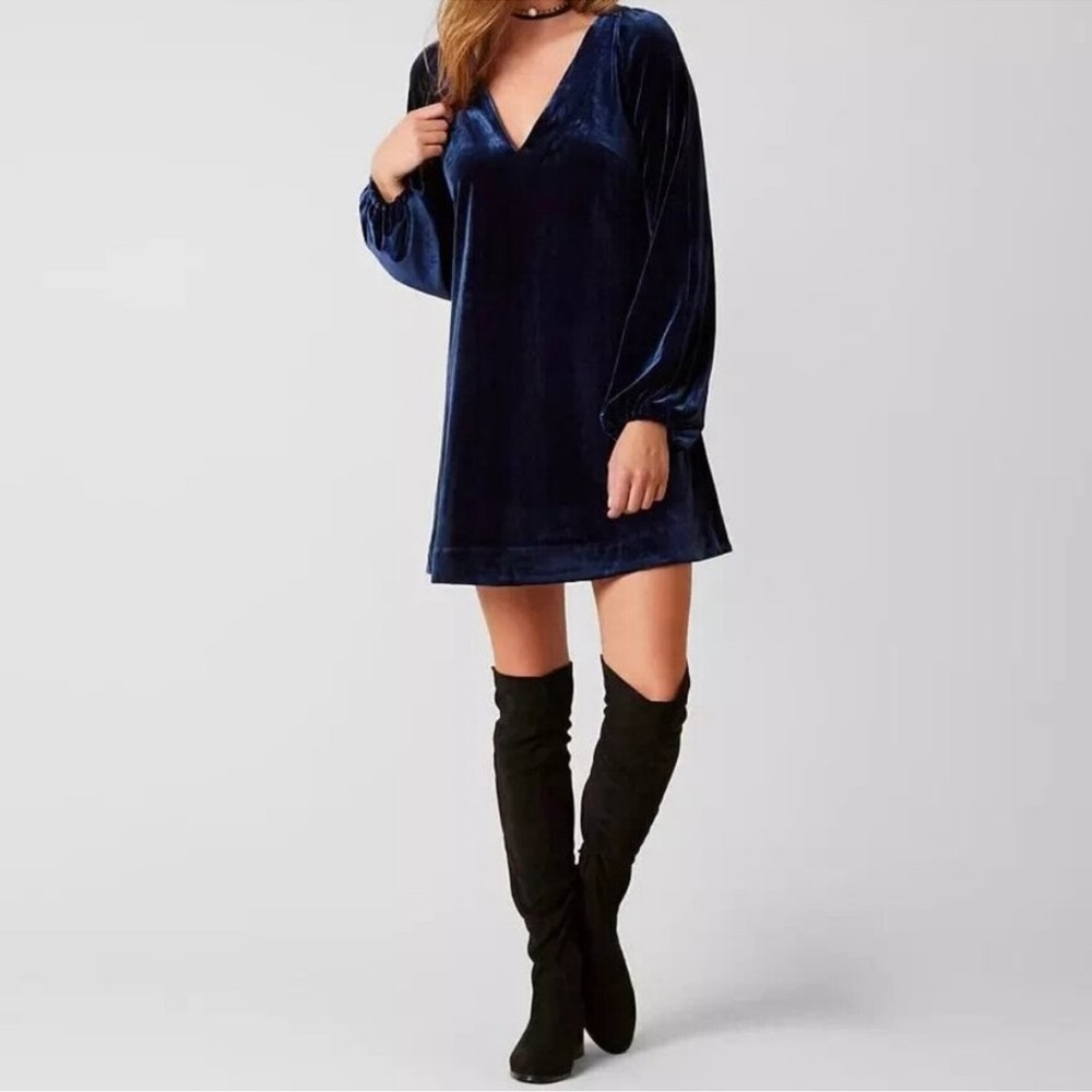 Free People Misha Dress Mini Deep Blue Long Sleeve V-Neck Tie Back A-Line Sz L